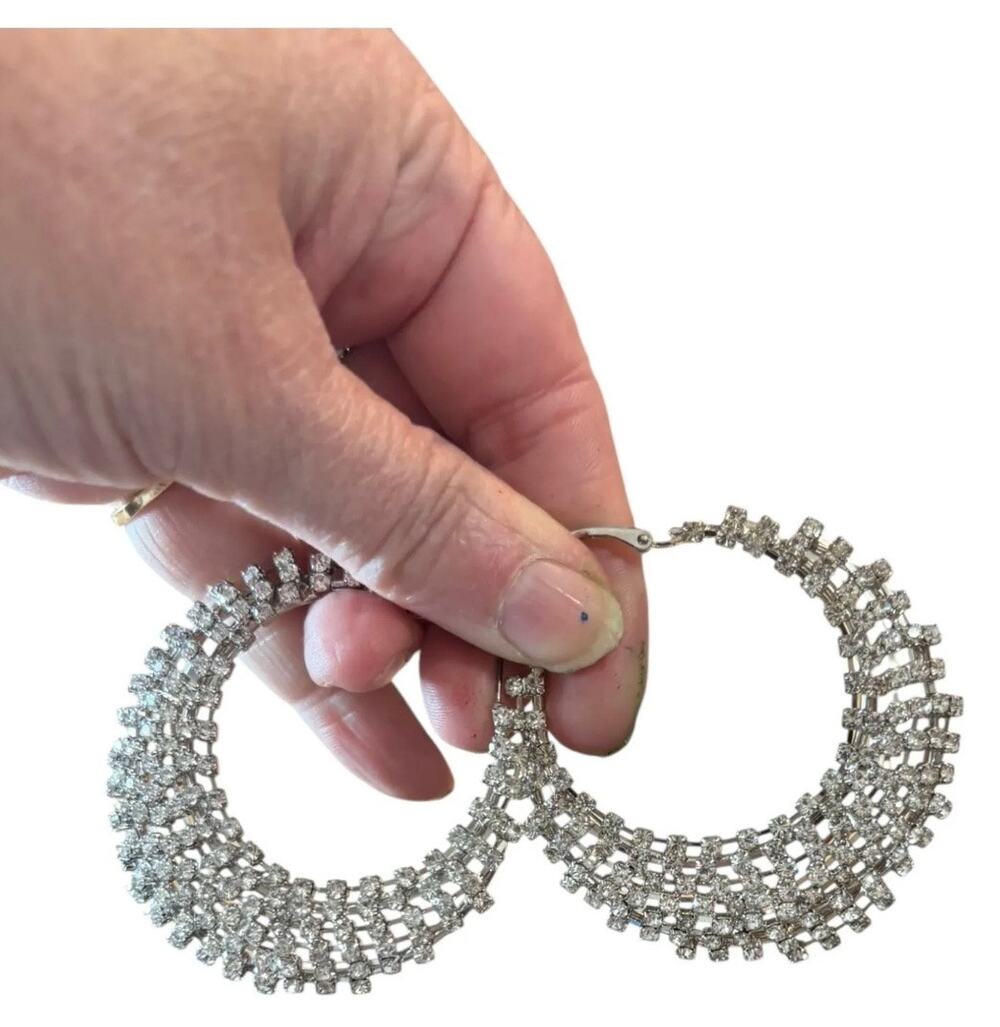 Vintage Oversized Rhinestone Hoop Earrings Silver Tone Statement Glam Disco